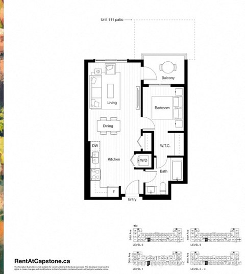 Floor plan for 1 bed, 1 bath, 589 sqft
